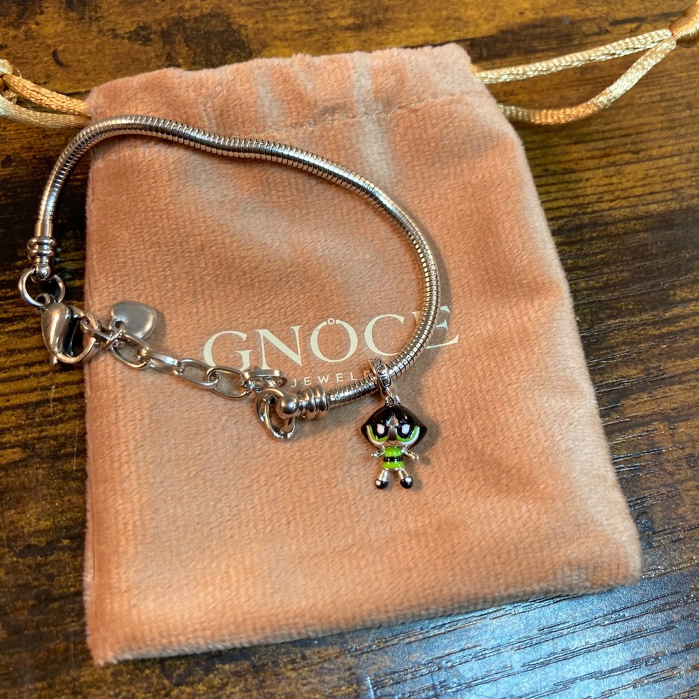 Gnoce Powerpuff Girls Buttercup Charm Sterling Silver w/ Snake Chain Bracelet 8"